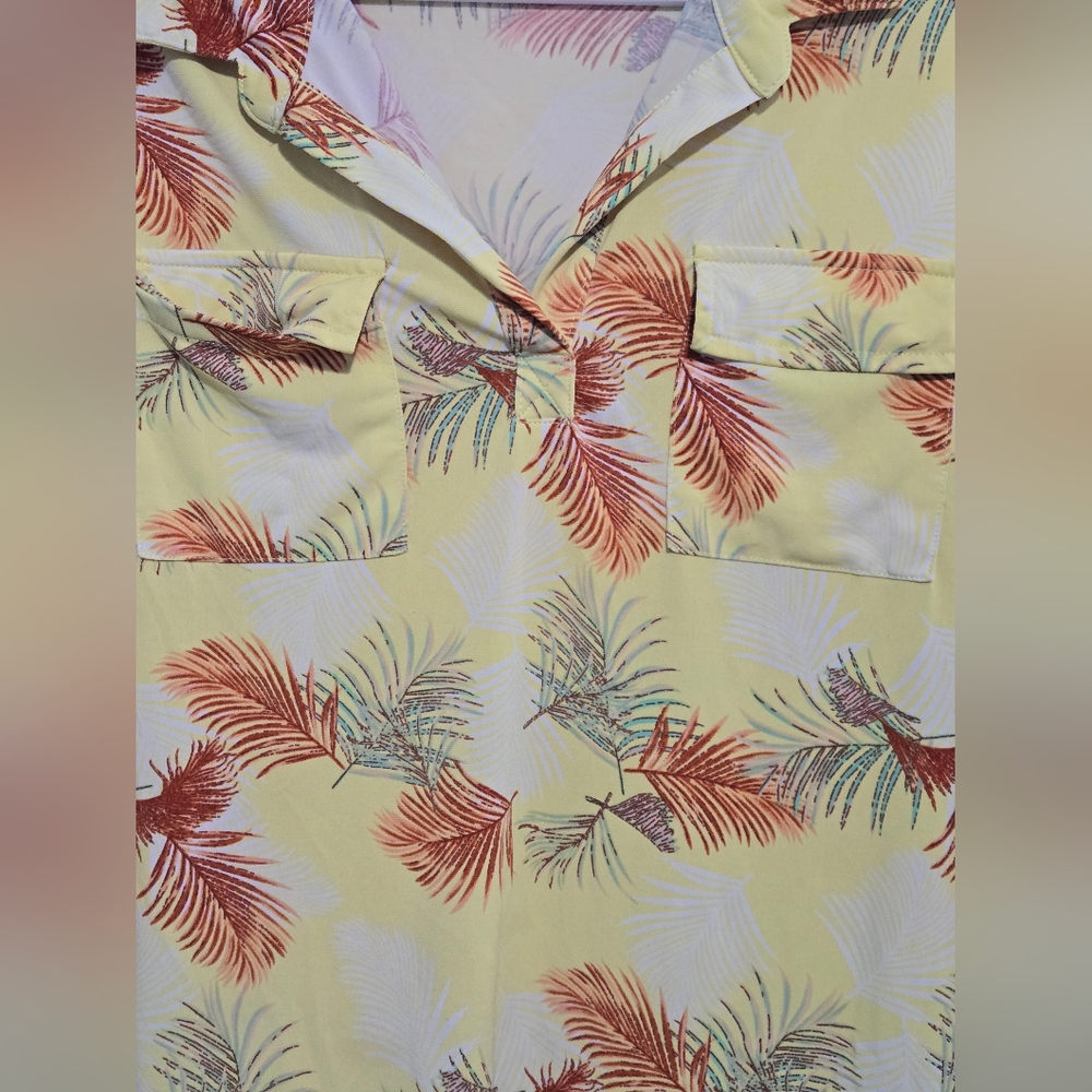 Blue Mood Tropical Palm Print Sleeveless Blouse 2X Yellow Lightweight Summer Top - Picture 5 of 6